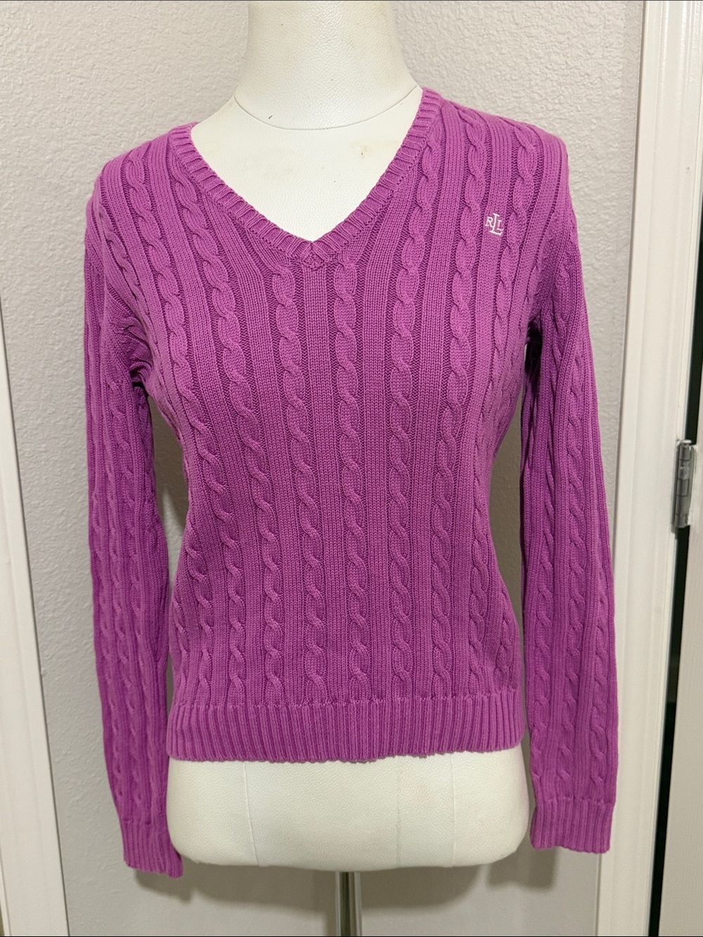 Ralph Lauren Petite Magenta Cable-Knit V-Neck Sweater Casual Classic Cotton